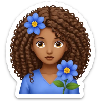 Qro uma moça morena de cabelo cacheado com uma flor azul no cabelo com o cabelo baixo sticker