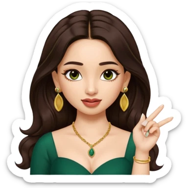 pretty bratz genmoji that looks like tamannah bhatia (bollywood actress), wearing a dark green sweetheart neckline top, dark brown hair, light makeup, no necklace, dangly earrings, side hair part, fair. dark brown eyes, long hair

Show her licking her finger  sticker