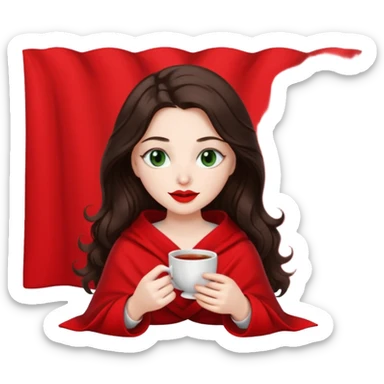 Long wavy dark brown haired, white skinned, dark green eyed girl with red lipstick wrapped in a red and white blanket, sipping tea and reading a book sticker