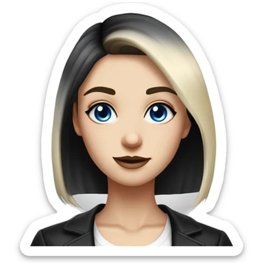 waist-length portrait, looking up, Slavic adult woman, goth eyes makeup, blue eyes, medium bob black-to-blonde ombre straight hair, white T-shirt and black office jacket. sticker