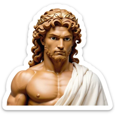 Cinematic Realistic Hercules Portrait, depicted as a classical Greek hero merging the fierce masculinity of Hercules with the refined face of Michelangelo's David. His light tan, chiseled skin glows with timeless strength, and his thick, curly, golden brown hair cascades in natural, sculpted curls reminiscent of a warrior’s mane. Draped in a flowing white robe with delicate golden accents and crowned with a traditional Greek laurel wreath, his intense, determined eyes exude noble might, all rendered under dynamic natural lighting with a mythic, radiant glow. sticker