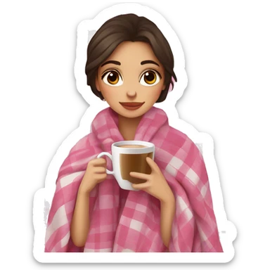 cute brunette girl wrapped in pink plaid blanket drinking coffee sticker