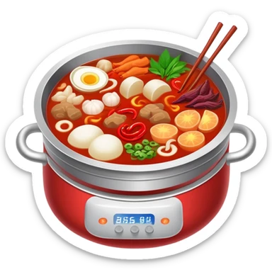 Sichuan Hot Pot with spicy red broth and ingredients, simplified emoji style with bold outlines and bright colors, cartoon style traditional Chinese divided hot pot sticker