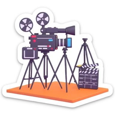 movie set with film crew, cameras, and clapperboard sticker