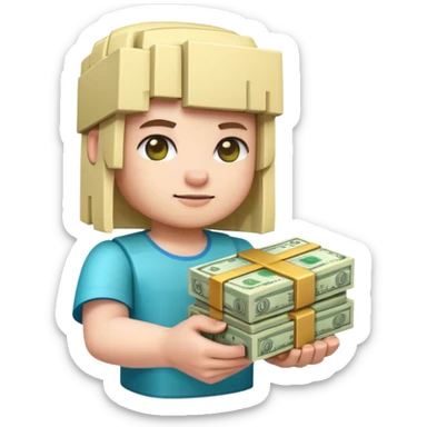 emoji style icon, minecraft blocky character holding a stack of money, pixel art style, bright colors, simple background, 3D glossy emoji, centered composition, soft shadow, high detail, clean outline, white background sticker