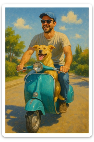man and his pet dog riding a vespa sticker