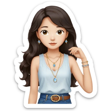 Stylish South Korean girl with long wavy dark hair, wearing a white textured sleeveless top, blue jeans, and a brown belt — soft lighting, cozy indoor vibe, a small, moonstone pendant necklace with a dainty gold chain adds a delicate touch sticker