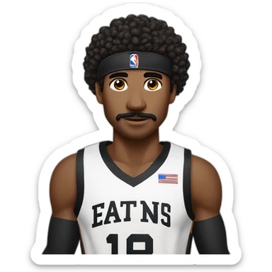 black basketball player with moustache holding the notebook wearing black and white jersey curly hair and black headband sticker
