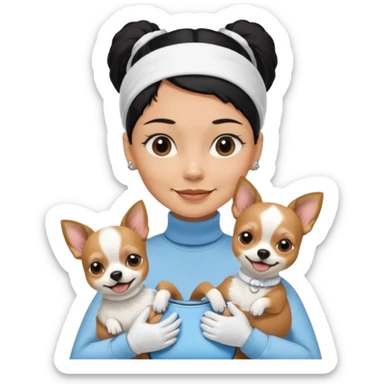  tan skin woman, with very short black hair slicked back ponytail with forehead showing, with white headband, wearing solid pastel blue turtleneck shirt, smiling carrying brown and white furry chihuahua inside dog purse sticker