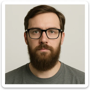 simple portrait of a white male in his mid 30s with green eyes, black square glasses, long brown beard, medium brown hair, neutral expression sticker