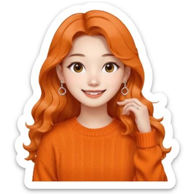 Korean 24-year-old female online shopping mall seller / Orange knit / White face / Earrings / Smiling expression / Long wavy hair / Influencer vibe / Fashionable sticker