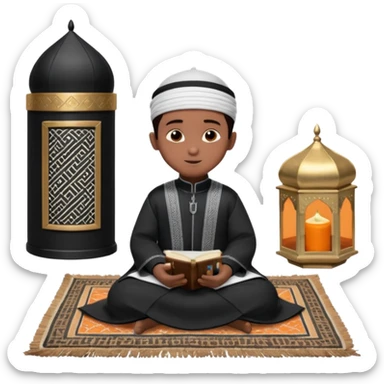 Personnage 3D mignon en style Pixar, un petit garçon portant un qamis blanc et un kufi, tenant un tapis de prière, entouré de lanternes brillantes, fond doux, couleurs chaudes, garçon teint noir TENANT UN APPAREIL PHOTO sticker