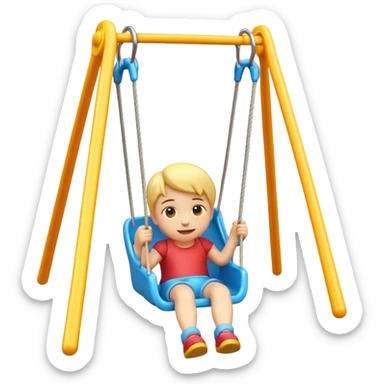 iOS-style 3D emoji: a colorful plastic child swing with a safety bar in front, hanging from two ropes, glossy surface and soft shadows sticker