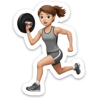 one women running and lifting weights. brown hair, light skin, hazel eyes. sticker