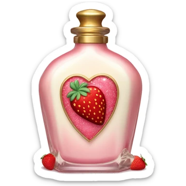 Antique heart-shaped parfumerie bottle with butter, made of red crystals, white cream and pink strawberry milk pour from the bottle sticker