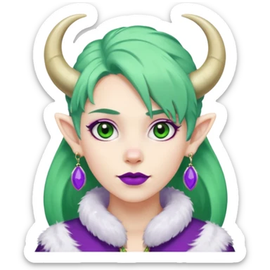 white furred unicorn with green hair and big purple earrings looking into camera and big horn and big earrings sticker