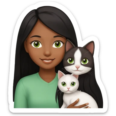 black girl with brown eyes with straight long black hair with a side part.  holding a female white cat with green eyes sticker