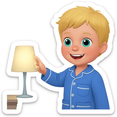 Create an emoji of the same blonde 3 year old as the first one you did. A happy boy with blue-greenish eyes turning off the lights to go to sleep with blue pajamas on sticker