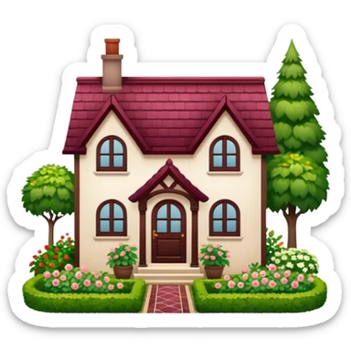 A dacha with a burgundy tiled roof and a garden sticker