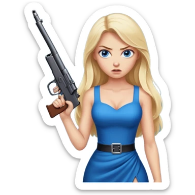 Sexy Beautiful  blue eye blonde Long Hair Gangsta girl in a hot Dress Looks angry  with a big gun sticker