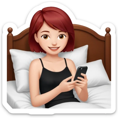 generate a pretty fair bratz girl with short dark red hair using her phone in bed, smiling . Wearing a black cami sticker