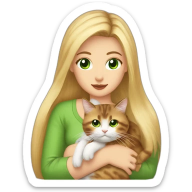 woman with green eyes and long straight blonde hair and big boobs is holding a very fluffy and fat tortoiseshell cat sticker