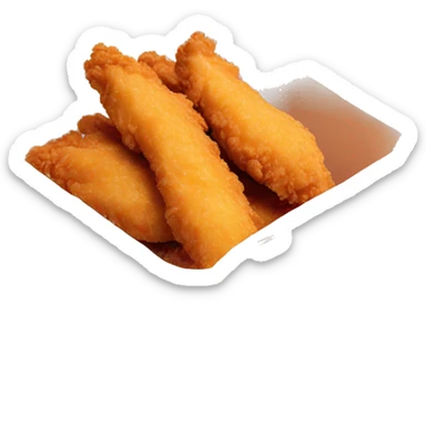 3 chicken tenders with crinkle fries and orange sauce on the side in a styrofoam container styrofoam container sticker