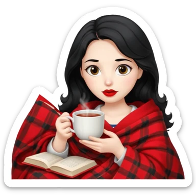 Long wavy Black haired, white skinned, dark big eyed girl with red lipstick wrapped in a blanket, sipping tea and reading a book sticker