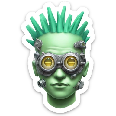 Pastel green Mohawk cyborg head with silver steampunk goggles sticker