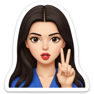 Create a glossy 3D emoji-style illustration of a glamorous brunette model inspired by Kendall Jenner, with long dark hair and defined features, making a “shh” gesture with one finger to her lips. othe hand is not in the picturePlayful, mysterious expression, centered, transparent background. sticker