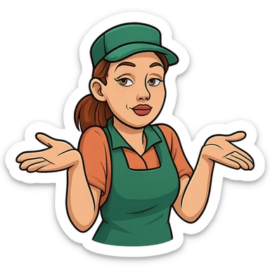 В позе этого мема сгенерируй типичную молодую российскую продавшицу в продуктовом магазине c слегка увеличенным губами, накрашенными глазами, которая недоуменно но при этом хитровато разводит руками, слегка рисованный, но при этом объемный стиль, прозрачный фон sticker