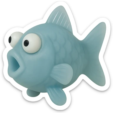 Rotate the fish so it is facing directly to the side (90 degrees from the camera). Remove the tag. Keep the body see-through, semi-transparent blue plastic with eyes derpy and going in opposite directions. No background. Render in a hyper-detailed, soft plastic 90's toy look with soft reflections, soft and squishy texture, some cloudiness, not shiny, highly detailed and appealing. sticker