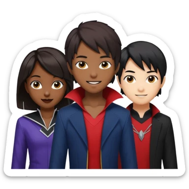 Solo poly platonic relationship, one is south African girl, one is Asian boy, one is biracial features Asian tomboy girl with anime short hair with long hair, vampire and marvel cosplay elements inspired. sticker