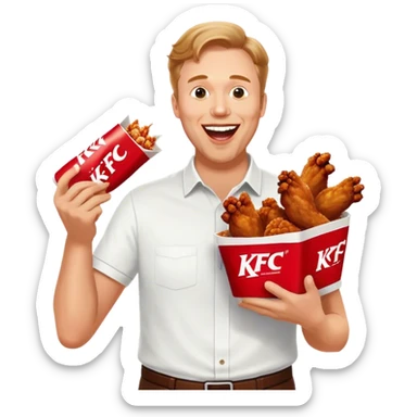 "Create an emoji of a white man holding KFC chicken wings with a happy and excited expression. Make sure to add the text 'KFC ABSOLUTE CINEMA ✋😮🤚' in large, bold letters, covering the entire screen and standing out clearly. This text must be included. Use a vibrant and expressive style." sticker