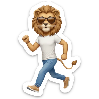 friendly anthropomorphised lion in jeans and a t-shirt, wearing dark sunglasses, jogging upright in standard pose sticker