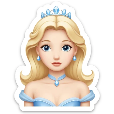 Cinematic Elegant Cinderella Portrait Emoji, rendered in a flat, vector-style with minimal shading and bold, simplified shapes. Depict Cinderella in her classic ball gown (chest and above) with fair, porcelain skin and elegantly styled blonde hair, her eyes soft and kind, and her expression serene and graceful. The design glows with a gentle, enchanting radiance and high shine, capturing the timeless beauty of a fairy tale princess.",  
 sticker