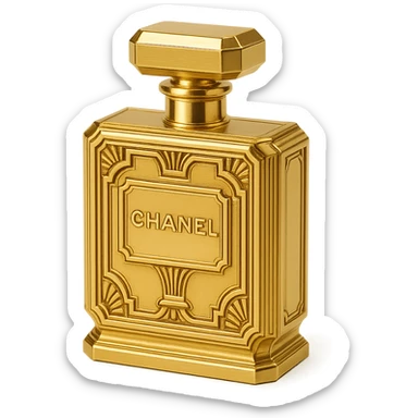 Chanel perfume bottle in a vintage art deco style, ornate gold and black design sticker