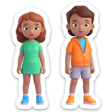 Slightly increase the volume of the upper body of the girl, separate the girl and the boy from each other, make the skin color the same for both. Keep the cartoonish 3D style. Background should remain transparent. sticker