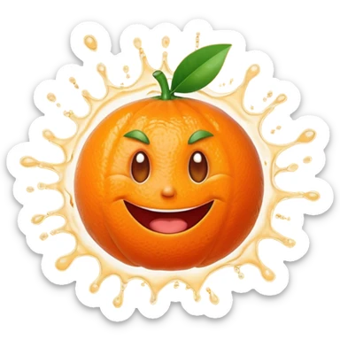 Juicy explosion mandarin emoji, bursting juice splash everywhere, exaggerated happy reaction, bright orange color, simple cartoon style, transparent background. sticker