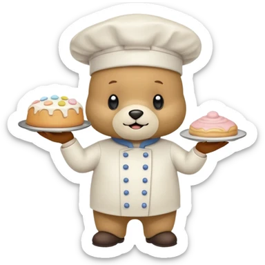 quiero un oso de pie con un delantal de pasteleria y un jorrito de chef que una mano tenga una manga oastlera sticker
