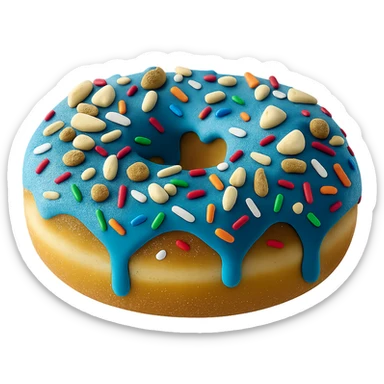 Add colorful rainbow sprinkles to the blue glazed donut, keep it realistic with soft lighting, transparent background. Maintain a photorealistic style with soft lighting and natural textures. sticker