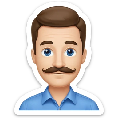 Business owner, well dressed, blue shirt, mustache, happy sticker