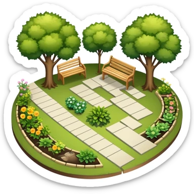 Icon for Landscape Design: a garden layout with trees, plants, pathways, and outdoor furniture, along with design tools like a ruler, pencil and sketchpad. The icon should represent the creativity and planning behind landscape design. Transparent background. sticker