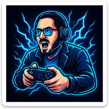 Create a gaming logo from the reference photo, featuring the person with a headset and controller, surrounded by electric blue lightning and a neon glow. Use a dynamic, action-packed pose. sticker
