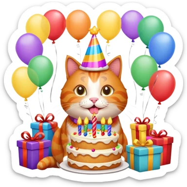 Ginger cat celebrates birthday, birthday hat, birthday cake, balloons, happy, gifts sticker