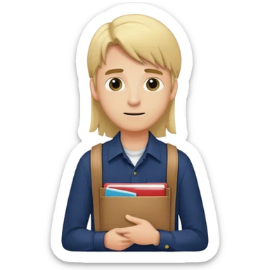 Guy with long straight blonde hair behind head and navy button up holding a school packet sticker