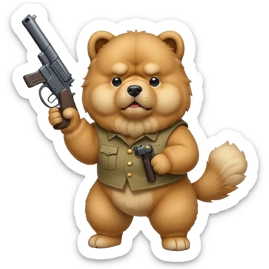 Funny cartoon-style chow chow dog with light fur standing on its hind legs and holding a gun menacingly sticker