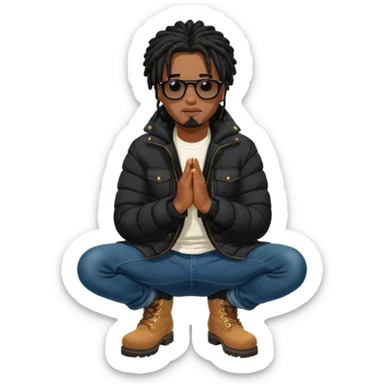 African American man brown skin complexion with black dreadlocks shoulder length wearing black bubble winter coat wearing black sunglasses with denim skinny jeans and timberland boots kneeling on one knee in prayer sticker