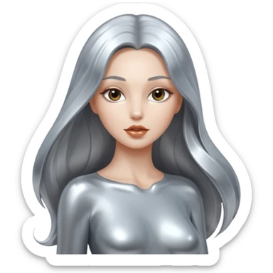 abstract sensual skinny&busty body silhouette, liquid silver chrome, smooth curves,chrome silver long hair, chrome metallic color face and body, sensual poses sticker