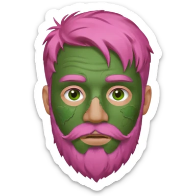 pink haired man with full full face dirty messy green clay mask and beard sticker